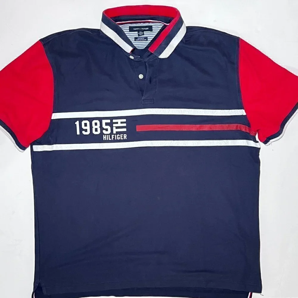 TOMMY HILFIGER Retro Vintage Inspired Logo Graphic Polo 1985 Red White Blue XXL